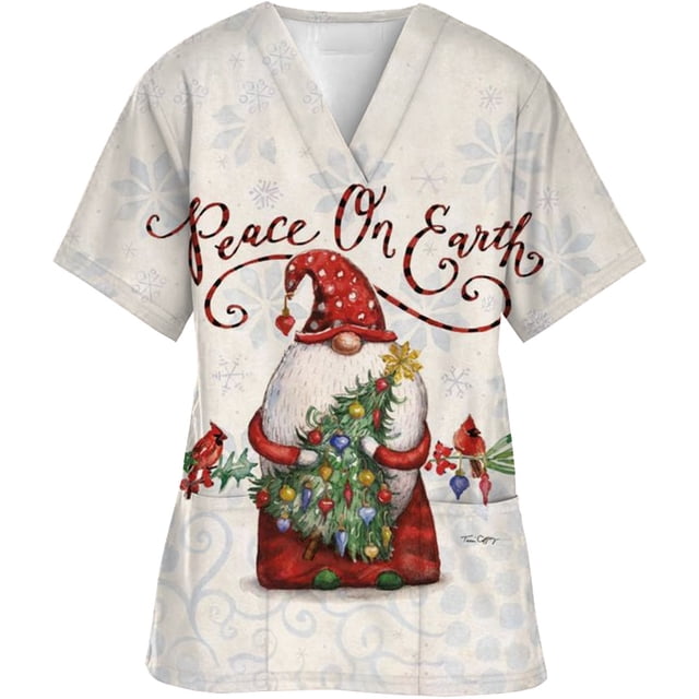 Blusa de algodón con cuello en V para hombre y mujer, ropa de trabajo con estampado navideño, uniforme médico, médico, enfermera