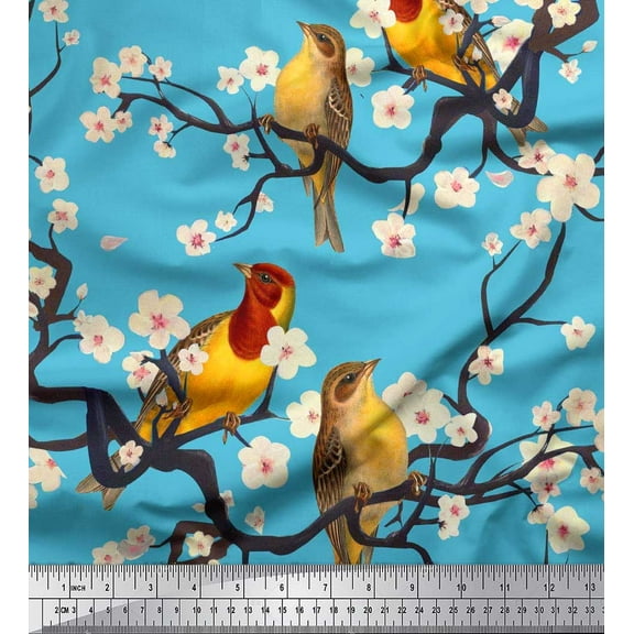 Soimoi Blue Cotton Duck Fabric Fish,Bird & Yacht Bird Decor Fabric Printed BTY 42 Inch Wide