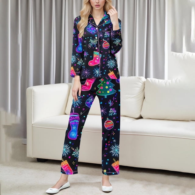 Conjunto de blusa y pantalón de manga larga con estampado de botones y cuello vuelto para mujer, blusa y pantalón de poliéster para mujer