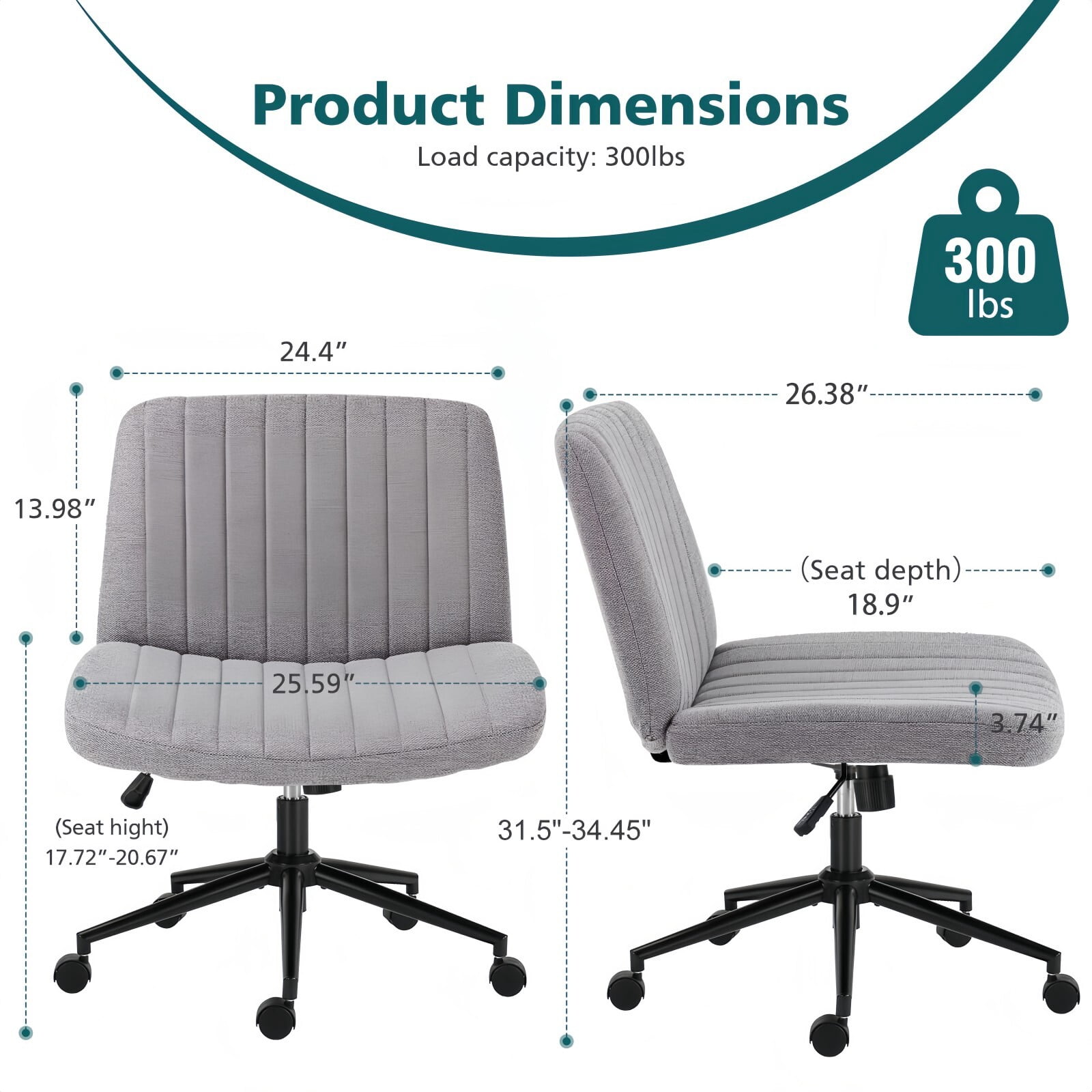 Kelno Armless Criss Cross Office Chair with Wheels 300lb Capacity Wide Seat Cross Legged Desk Chair Height Adjustable Swivel Vanity Chair, Gray Linen