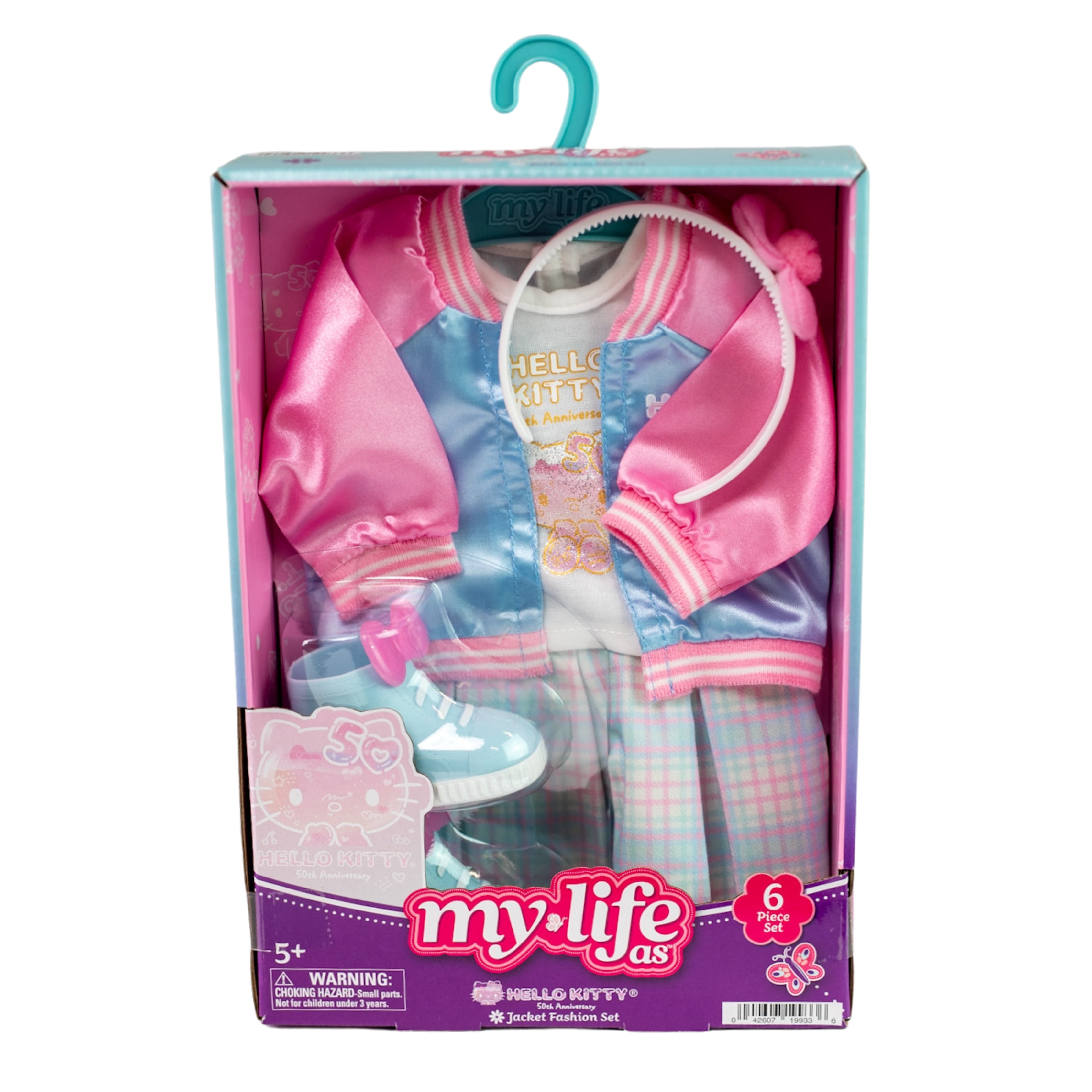 My Life As Hello Kitty Jacket Fashion Set for 18" Dolls, 50th Anniversary, 6 Pieces, Pink and Blue Multicolor