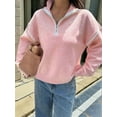 thumbnail image 3 of Womens Quarter Zip Pullover Sweaters Casual Collared V Neck Color Block Long Sleeve Loose Knit Fall Sweater Pink XL, 3 of 6
