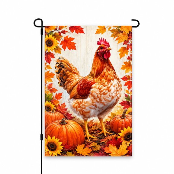 Autumn Chicken Garden Flag, 12 x 18 Inch Yard Flag with Orange Pumpkin, Sunflower and Fall Leaf Design, Rustic Farmhouse Style Outdoor Decor for Garden, Lawn, Patio or Porch