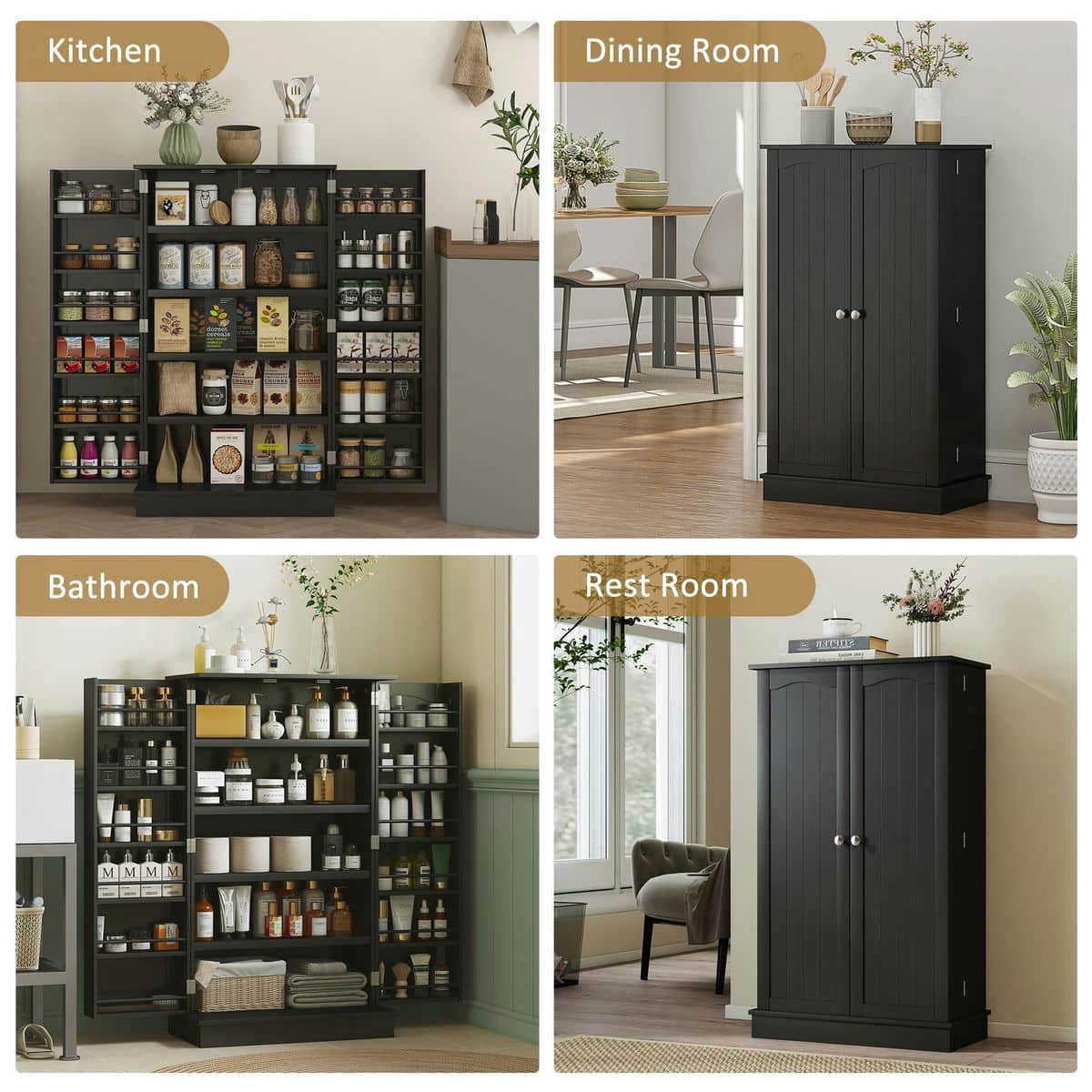 Spaco Freestanding Kitchen Pantry Cabinet with 5-tier Shelving, Kitchen Cabinet with 12 Door Shelves and Double Doors for Indoor as Living Room, Kitchen, Black