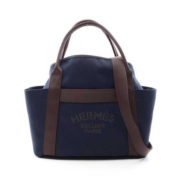 Pre-Owned Hermes Sac de Pansage Groom Blue Navy 2-Way Tote Bag Handbag Toile Chevron Military...
