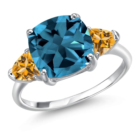 Gem Stone King 6.02 Ct Cushion London Blue Topaz Yellow Citrine 10K White Gold Ring (Size 7)