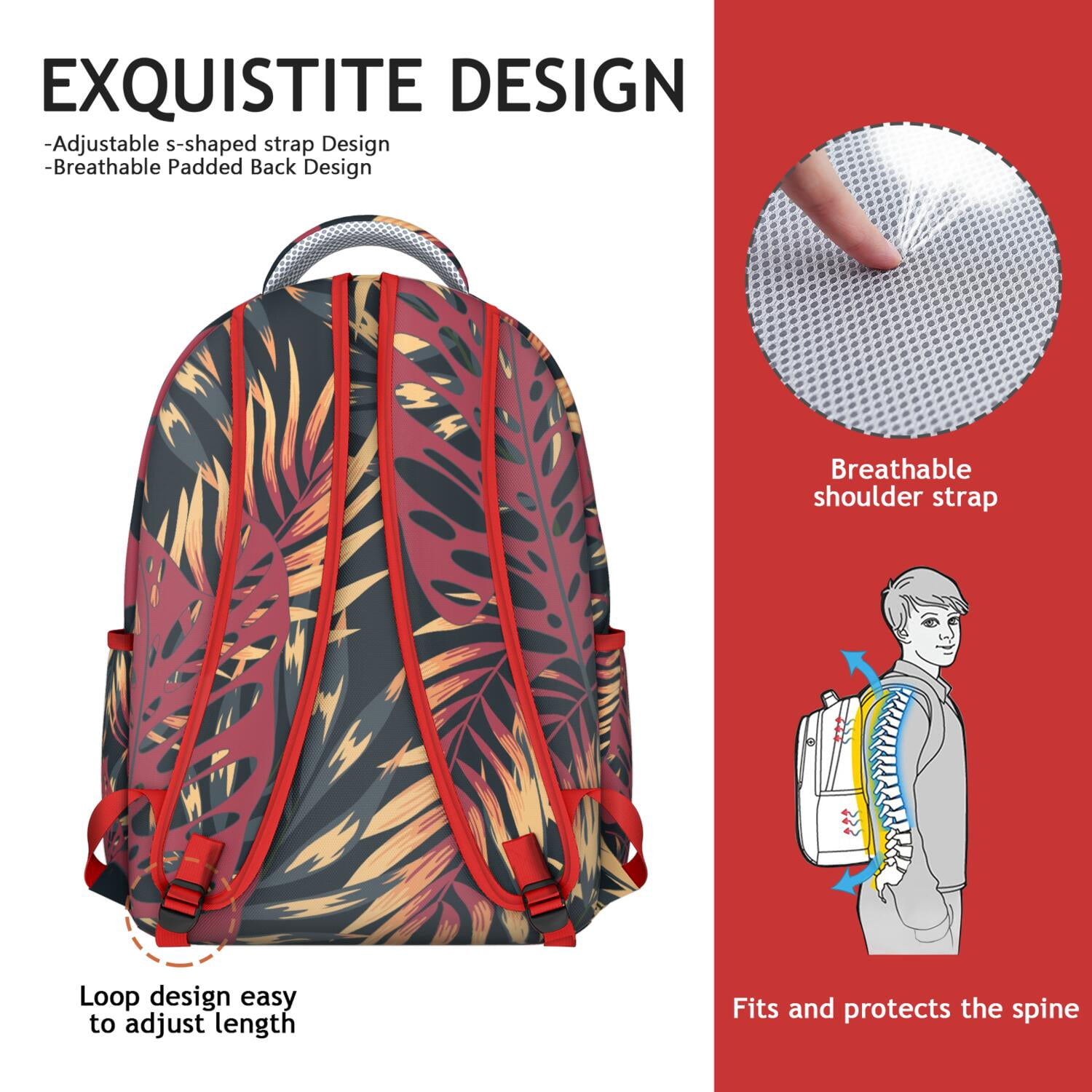 Jungle Leaves Waterproof Backpack for Teens, Ergonomic Design with Adjustable S-Shaped Shoulder Straps & Padded Back Panel
