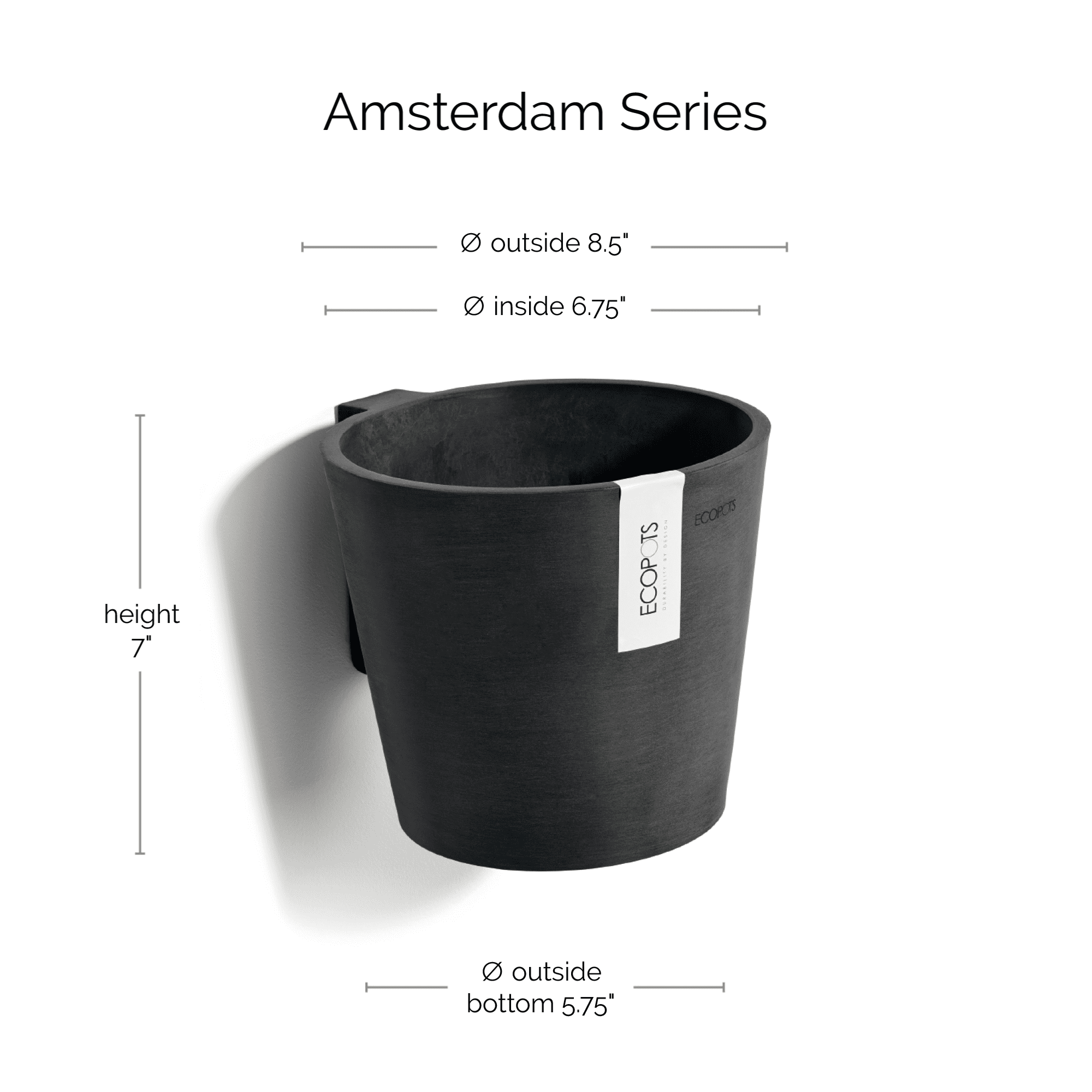 Ecopots Amsterdam Wall Durable Modern Round Indoor/Outdoor Recycled Based Composite Hanging Flower Pot Planter, Dark Grey, 8"