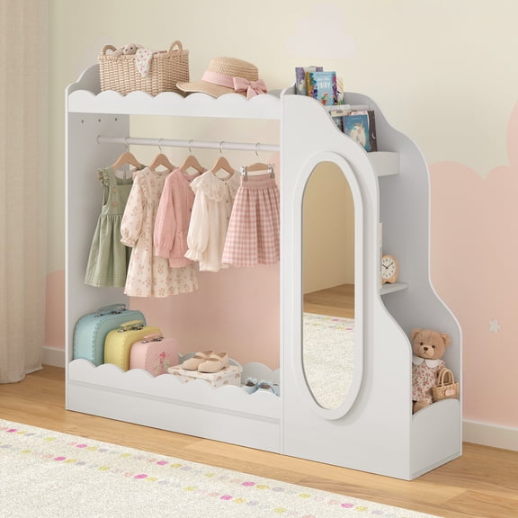 Curipeer Kids Dress up Storage with Mirror & Bookshelves, Wood Armoire Wardrobe Closet for Bedroom,White