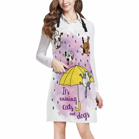 ASHLEIGH Funny Watercolor It's Raining Cats and Dogs Chef Kitchen Apron, Adjustable Strap Waist Ties, Front Pockets, Perfect for Cooking, Baking, Barbequing