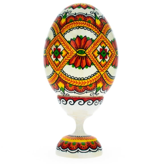 Geometrical Ukrainian Wooden Pysanka Easter Egg on a Stand 3.75 Inches