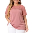 thumbnail image 1 of Blusas de verano de manga corta lisas para mujer de tallas grandes GRACE & GRANDEUR con panel de encaje y lunares 3X rosa, 1 of 1