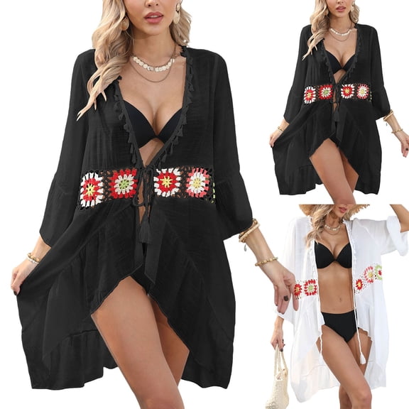 zaveiop Womens Beach Cover up V Neck Boho Bathing Suit Beach Dress Crochet Flowers Swimsuit Swimwear Coverups (Black, One Size)