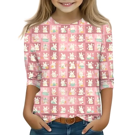 Drmagiyhm Girl s Easter Shirts Size 10-12 Casual Bunny and Egg Print Shirt Stretchy Cute 3/4 Sleeve T-Shirt Girls Funny Crewneck Tops Tees & Blouses