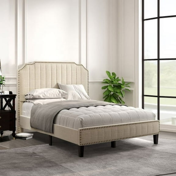Upholstered Full Bed Frame with Headboard, Full Upholstered Platform Bed with Wood Slat Support, Solid Wood Frame Mattress Foundation, No Box Spring Needed,Easy Assembly, Full(Cream)