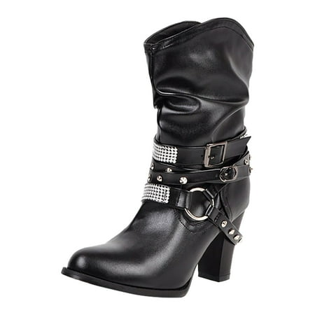 DVKOVI Work Shoes Women Business Casual Calf High Boots for Women Short Boots Diamond Thick High Heel Belt Buckle Women s Short Boots High Heel Boots for Women Black 42