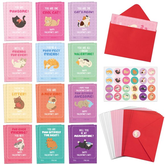 TICIAGA 72 tarjetas de San Valentín con gatos, sobres y stickers