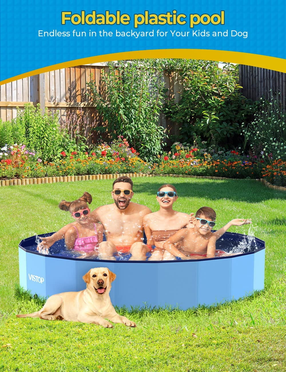 Foldable Dog Pool, Hard Plastic Shell Portable Swimming Pool for Dogs Cats and Kids Pet Puppy Bathing Tub Collapsible Kiddie Pool (87inch.D x 15.7inch.H, Blue)