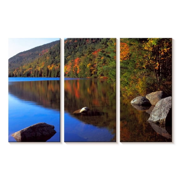 Elephant Stock Jordan Pond In Autumn Wall Art - Horizontal Multi Panel Canvas - Dining Room Wall Decor - Nature Multi Panel - Blue And Green Decor - 23" x 14"