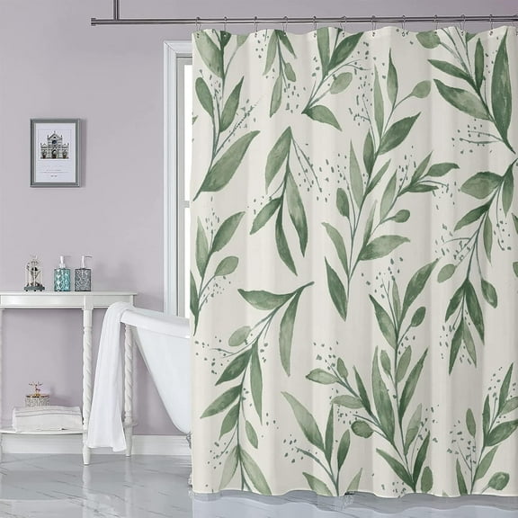 Botanical Leaves Shower Curtain Green and Beige Watercolor Branch Plant Leaf Fabirc Shower Curtains for Bathroom Decor with Hooks Green Fabric Nature Decorative Bath Curtains Waterproof,72x72