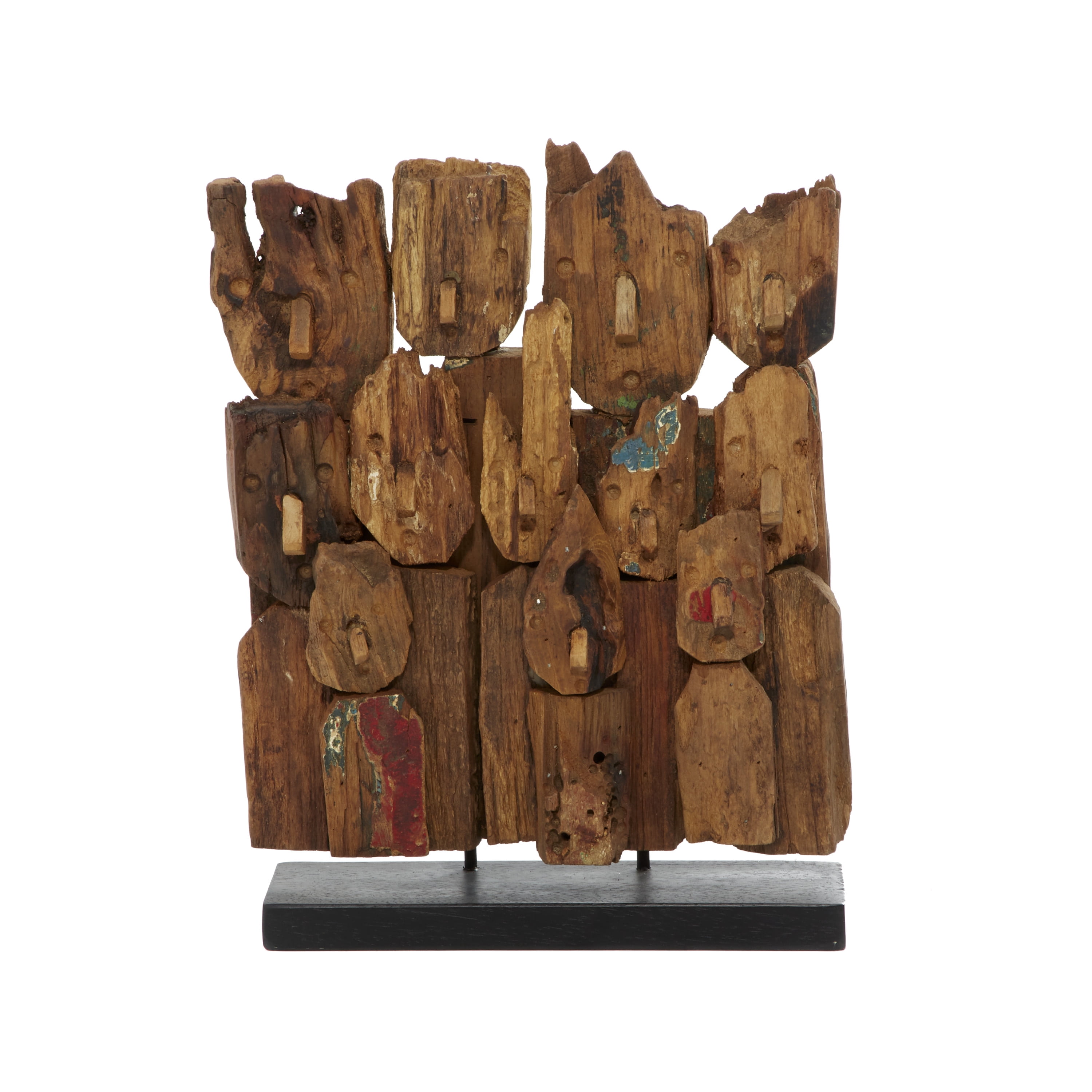 13" x 16" Brown Teak Wood Handmade Carved Abstract Sculpture with Faces, by DecMode