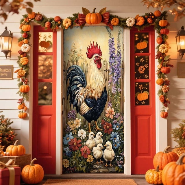 Seyotauo 35X78 Inch Happy Thanksgiving Banner Door Cover, Fall Harvest Turkey and Pumpkin Themed Porch Sign, Large Front Door Wall Backdrop for Indoor Outdoor Party Decorations and Photo Booth Props
