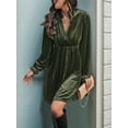 thumbnail image 6 of Women Elegant Retro Short Loose V-Neck Long Sleeve Velvet Solid Color Dress Fall Winter Fashion Clothing Army Green L, 6 of 9