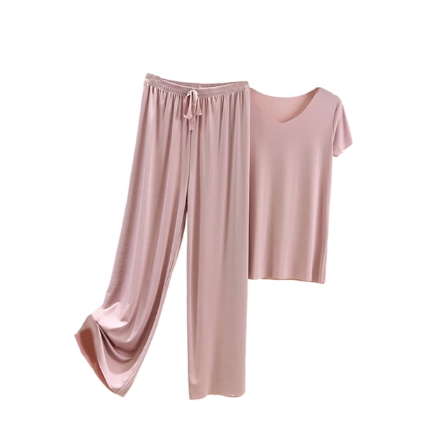Sonducket Conjunto de pijama de seda helada para mujer, camiseta con cuello en V, pantalones holgados con cintura elástica, ropa de primavera, conjuntos de ropa Púrpura claro 3XL