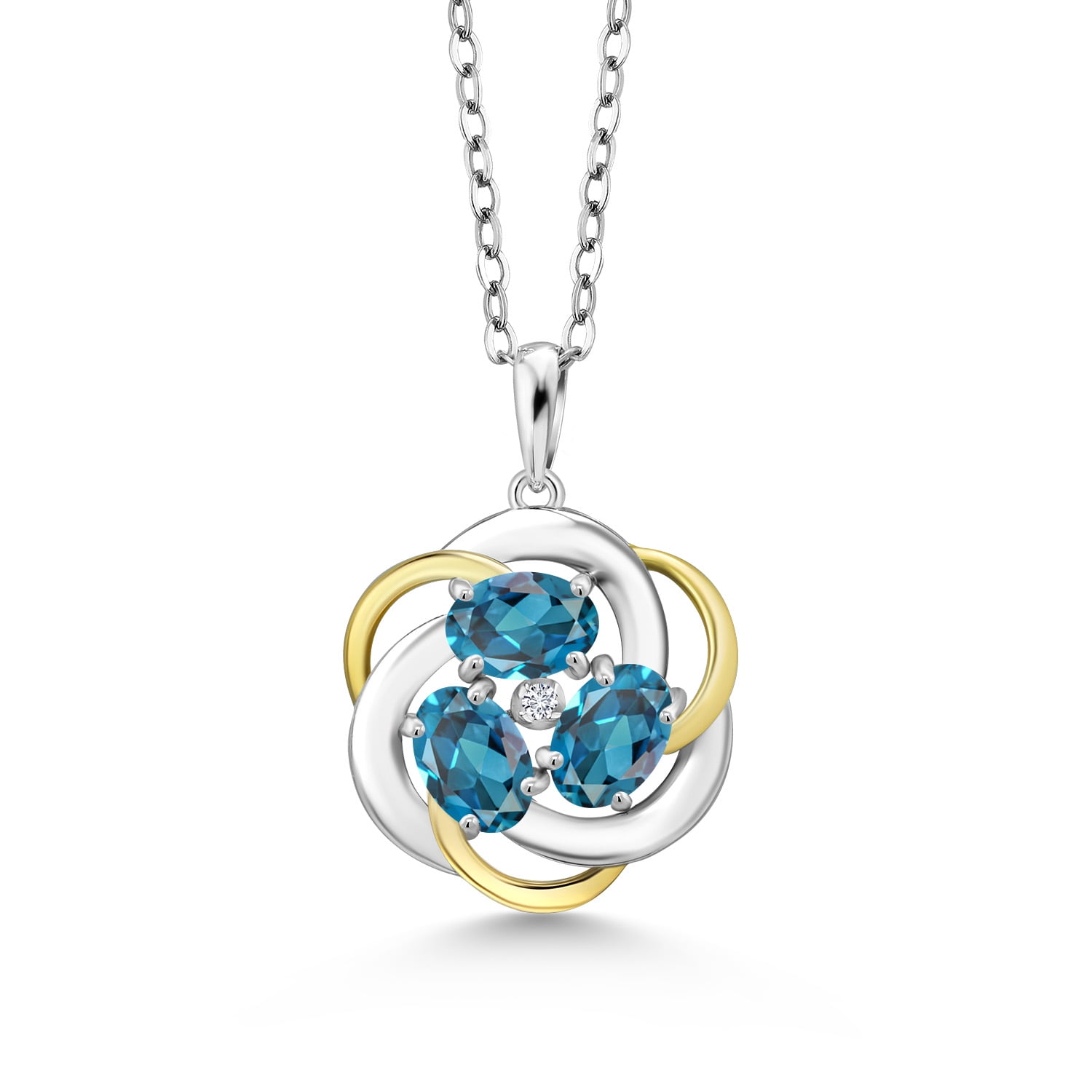 Gem Stone King 925 Silver and 10K Yellow Gold London Blue Topaz and White Lab Grown Diamond Pendant Necklace for Women | 1.81 Cttw | Gemstone November Birthstone | Oval 6X4MM | With 18 inch Chain