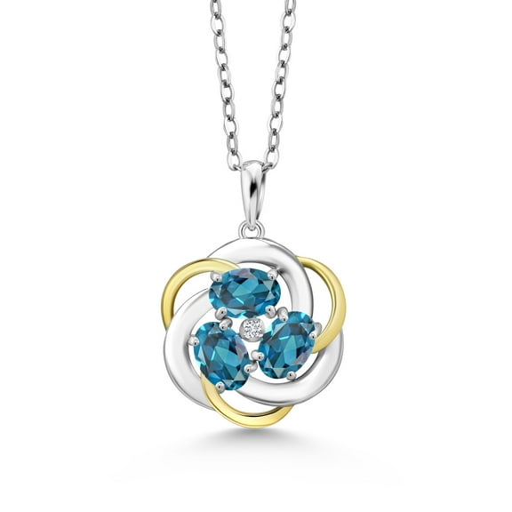 Gem Stone King 925 Silver and 10K Yellow Gold London Blue Topaz and White Lab Grown Diamond Pendant Necklace for Women | 1.81 Cttw | Gemstone November Birthstone | Oval 6X4MM | With 18 inch Chain