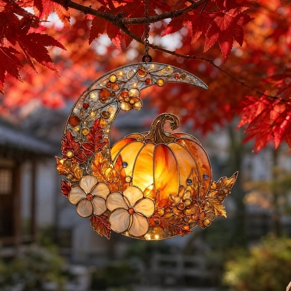 6 Inch Fall Pumpkin Crescent Moon Acrylic Hanging Ornament, Harvest Floral Leaf Suncatcher, Window Wall Decor, for Thanksgiving Halloween Home Decoration