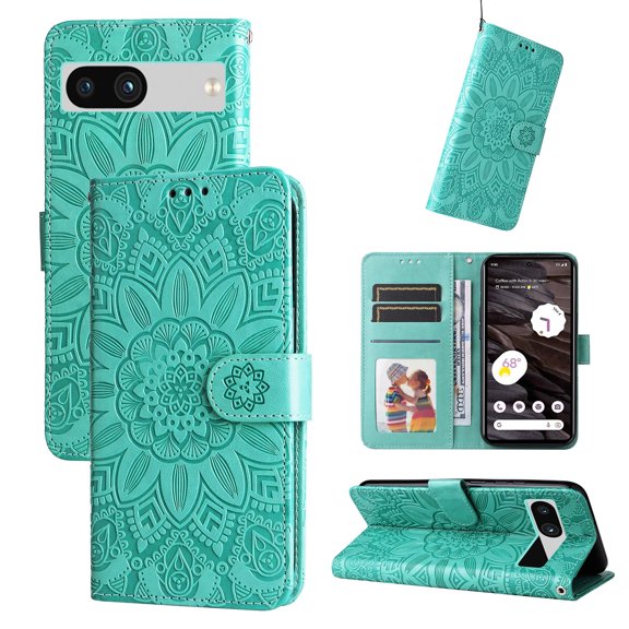 SaniMore for Google Pixel 7A Wallet Case, Shockproof PU Leather Stand Cover with Card Slot Flip Kickstand Embossed Flower Magnetic Clasp Wrist Strap for Google Pixel 7A, Green