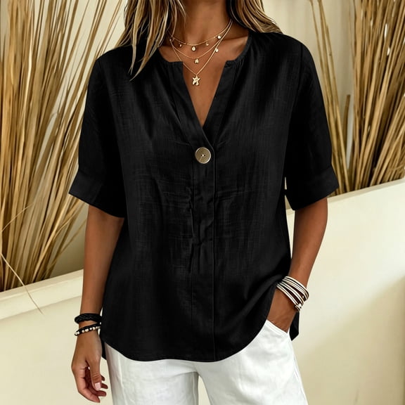 MAFYTYTPR Women's Notched V-Neck Button Detail Roll Cuff Short Sleeve Blouses Spring Summer Solid Color Loose Casual Tops for Everyday Wear 1PC S-XXL