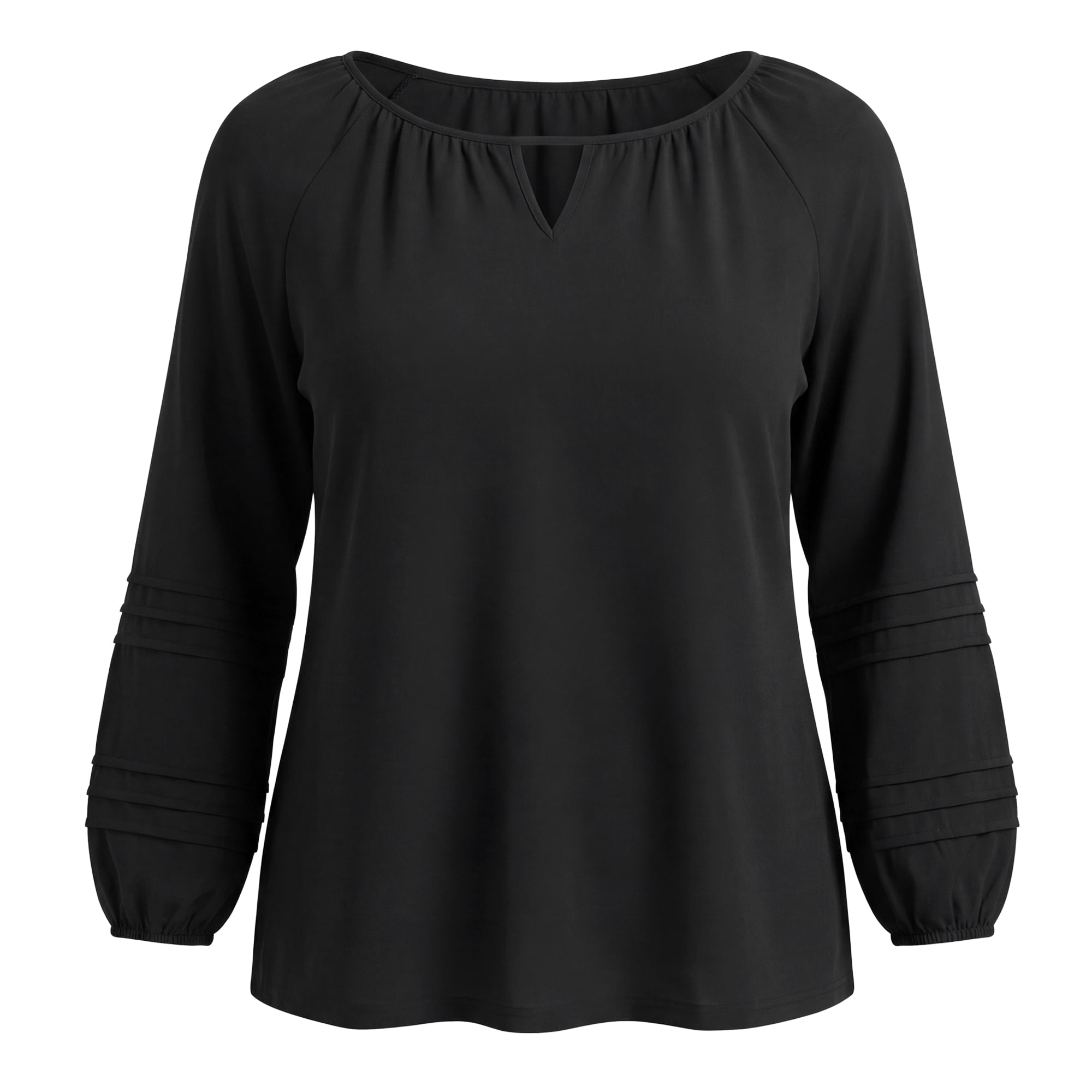 DARING DIVA Women's Plus Keyhole Neck Lantern Sleeve Pintuck 2X Black