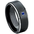 thumbnail image 1 of 0.05ctw Princess Cut Blue Sapphire Tungsten Ring - 8MM Polished Black IP Stepped Edge Tungsten Carbide Wedding Band - September Birthstone Ring - 14kt White Gold Bezel - TN118PS-1SPs12, 1 of 2