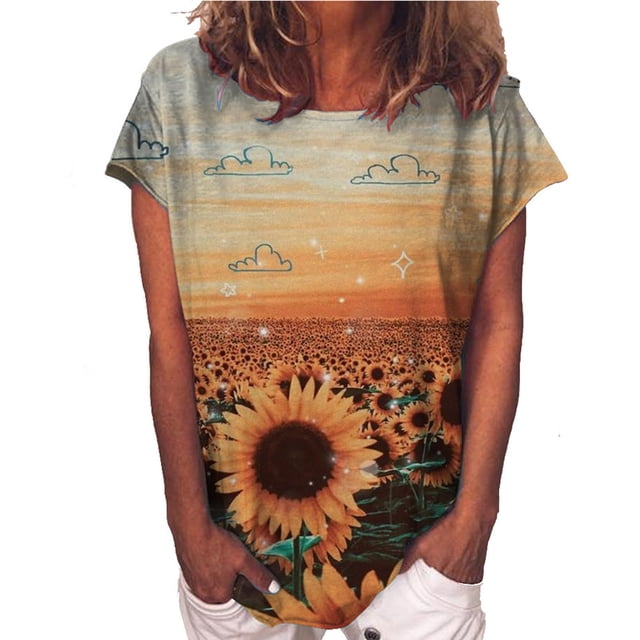 Hauts pour Femmes Col Rond Imprimé Tournesol Papillon Manches Courtes T-Shirt d'Été pour Femmes