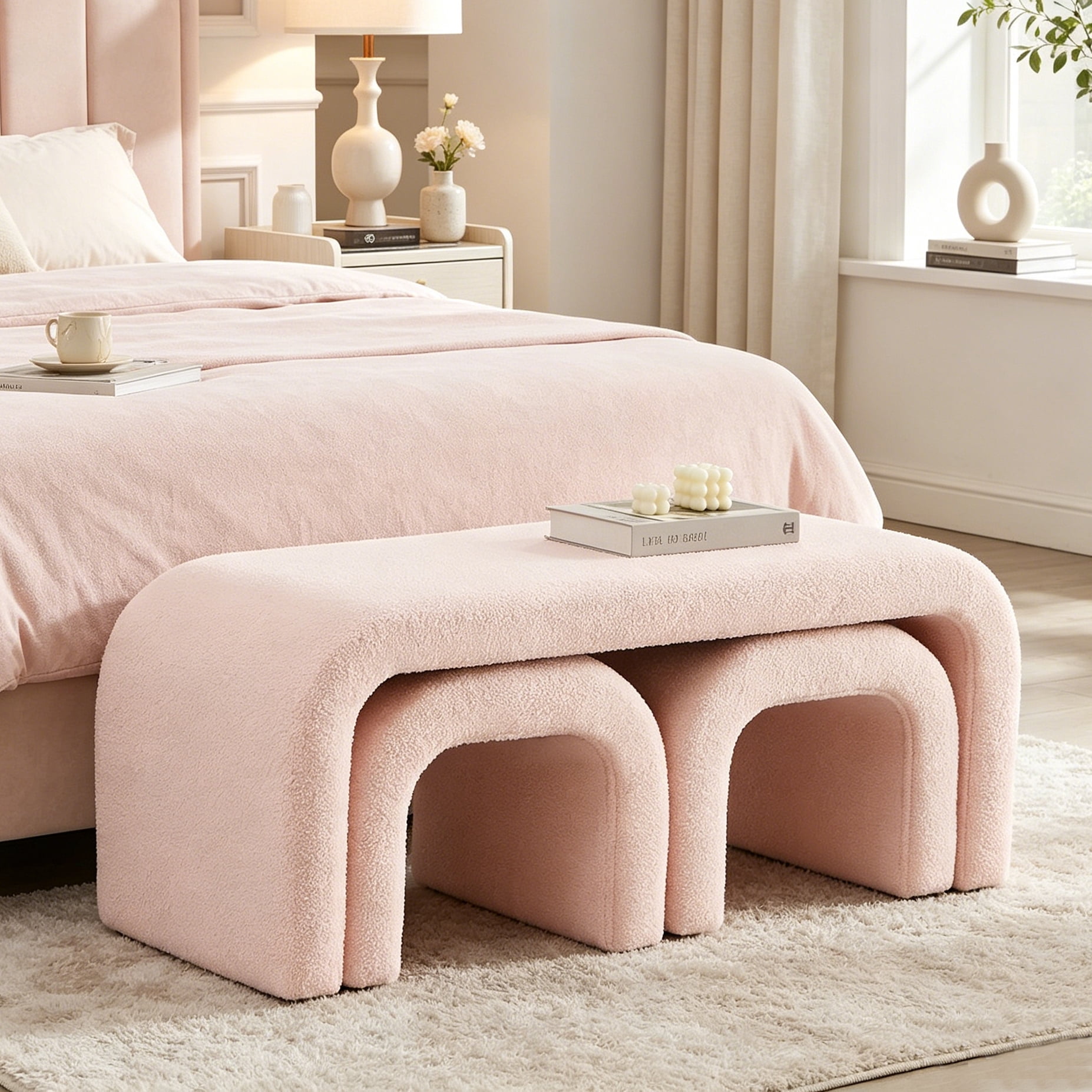 Aukfa 3-Piece U-Shaped Teddy Ottoman Bench Set, Upholstered End of Bed Bench, 2 Stools, No Assembly Required,Pink