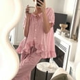 thumbnail image 3 of Women Plaid 2 Piece Pyjamas Set Ruffle Hem Button Down Babydoll Shirt Bell Bottom Pants Gingham Lounge Set Sleepwear, 3 of 9
