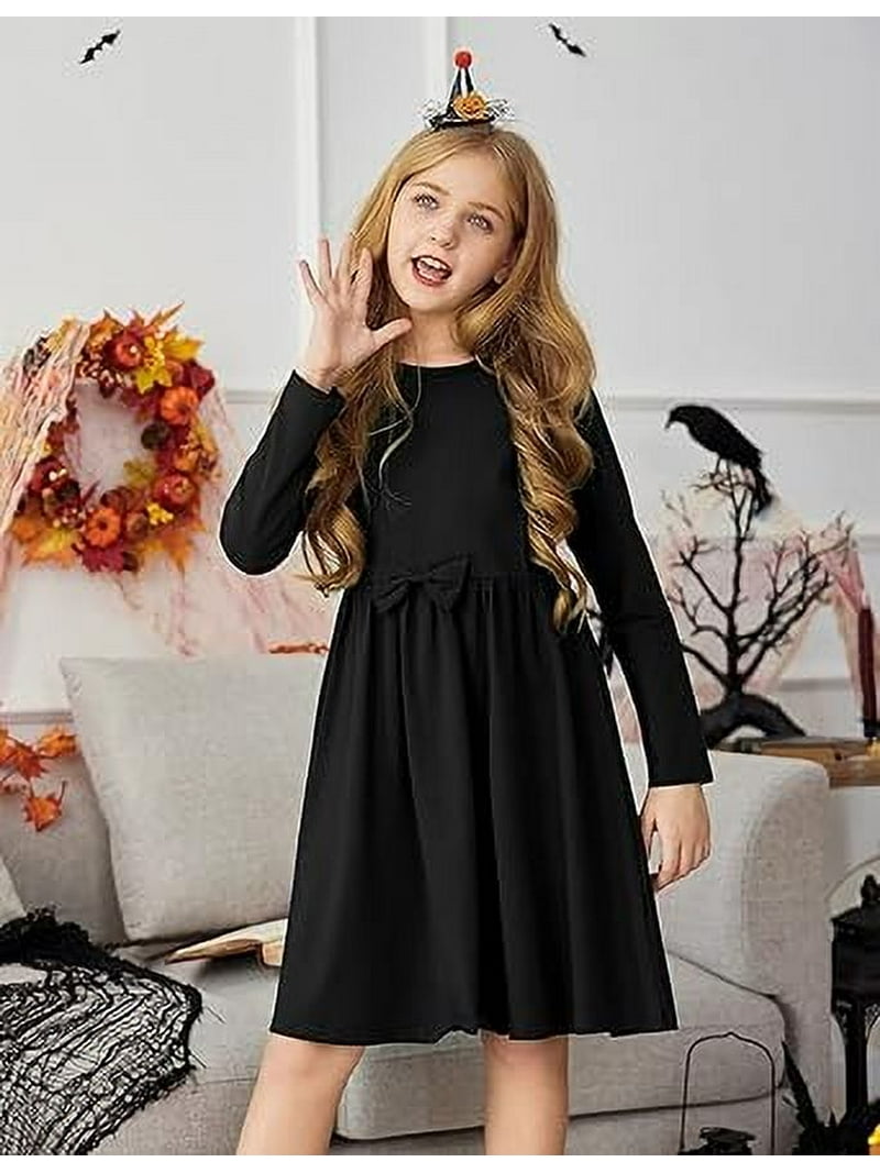 Oudiya Girls Long Sleeve Bow Tie Dress Causal A line Black Party Dress for  Kids 4-13Y - Walmart.com