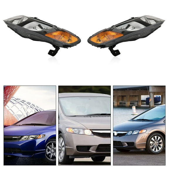 CCIYU Car Headlights Headlamps Driver and Passenger Replacement for Honda Civic Sedan 4-Door 06 07 08 09 10 11 Black Housing with Amber Reflector Clear Lens 33151-SNC-A01,33101-SNC-A01
