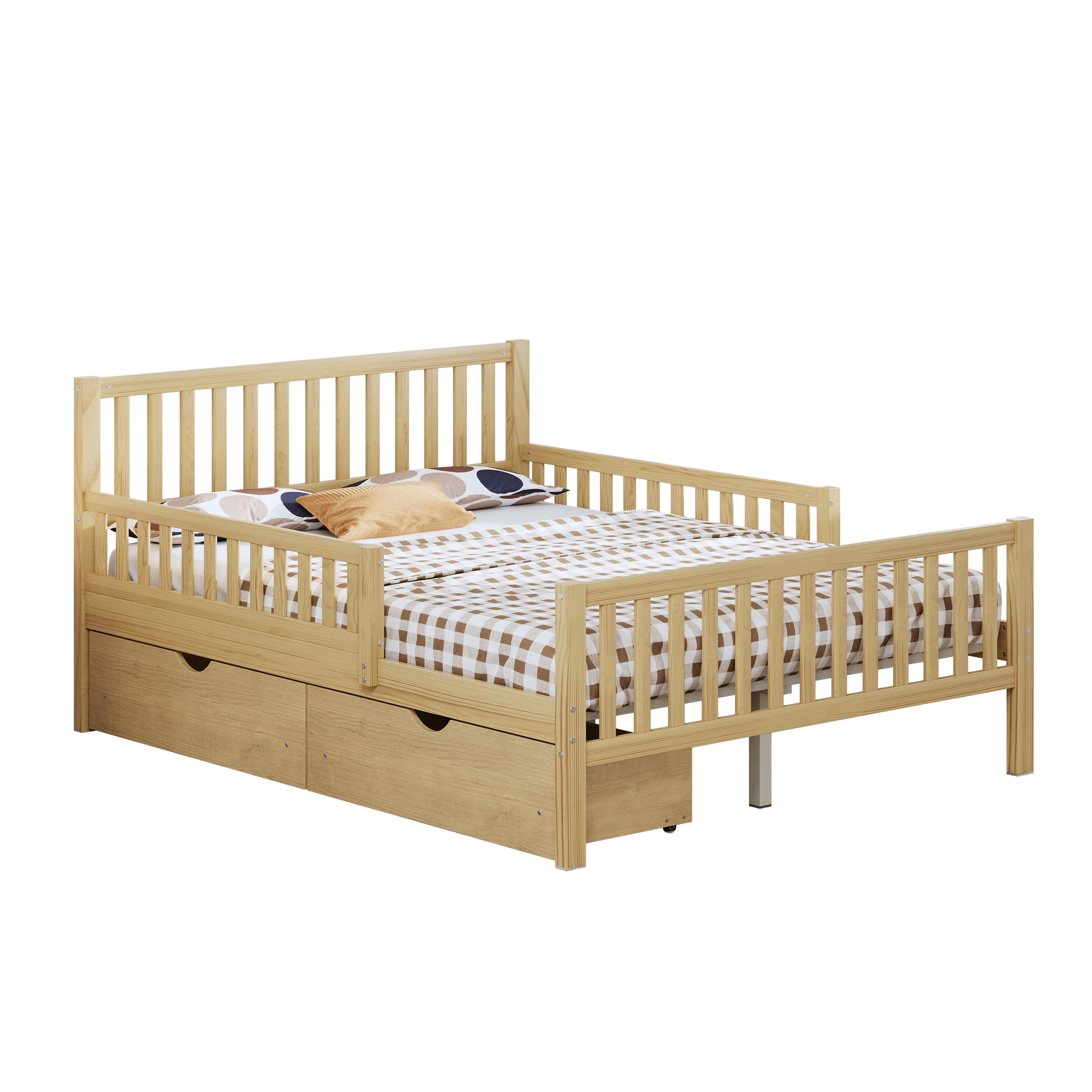 Euroco Wood Full Size Platform Bed with Guardrails and Drawers for Kids Teens Toddlers, Natural