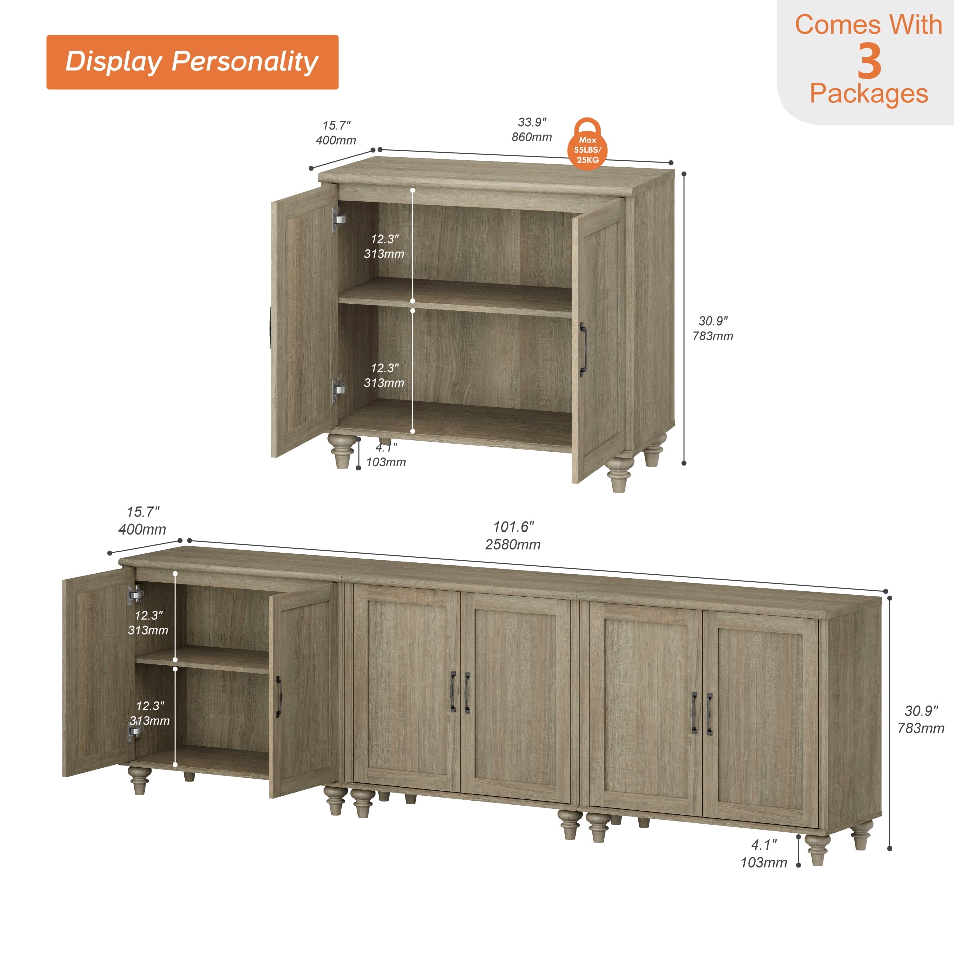 Modern Farmhouse Credenza, 101" Wash Gray Storage Sideboard with Wood Doors
