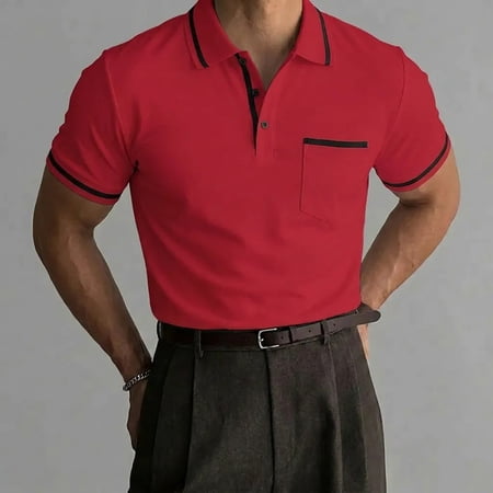 LEKWK Mens Shirt Golf Short Sleeve Collared Casual Tops with Chest Pocket Contrast Trim Soft Casual Golf Work Business Summer Tops Shirts Wine S