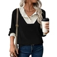thumbnail image 2 of Shine Up Patchwork Sweatshirts for Women V Neck Long Sleeve Shirts Casual Pullover Tops, 2 of 8