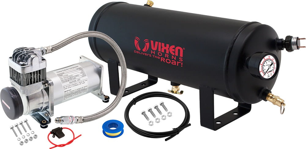 Vixen Horns Loud 152dB 4/Quad Black Trumpet Train Air Horn with 2 Gallon Tank and 150 PSI Compressor Full/Complete Onboard System/Kit VXO8560/4318B 