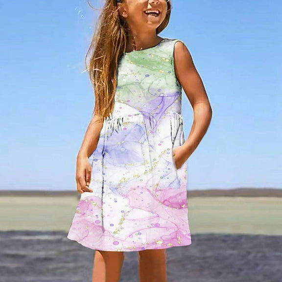 Up to 50% off Shldybc Toddler Summer Dresses for Girls Flower Print Dress Bowknot Dress Casual Clothes Kids Sleeveless Sundress, Summer Savings Clearance