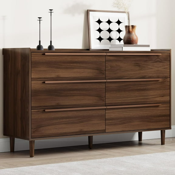 Walnut Dresser for Bedroom, 54" Wide Chest of Drawers with Wood Handles, Mid Century Modern 6-Drawer Storage Organizer for Closet, Hallway, or Living Room