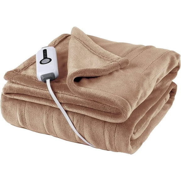 SUNNY HEAT Electric Heated Blanket Throw Flannel 50" x 60" Throw Size-4 Heating Settings & 3 Hours Auto off, Soft Machine Washable-Light Brown