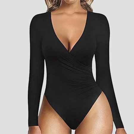 

CHUOU Women s V Neck Jumpsuit Set Long Sleeve Solid Tops Bodysuit Jumpsuit Long Sleeve Short Romper Suit