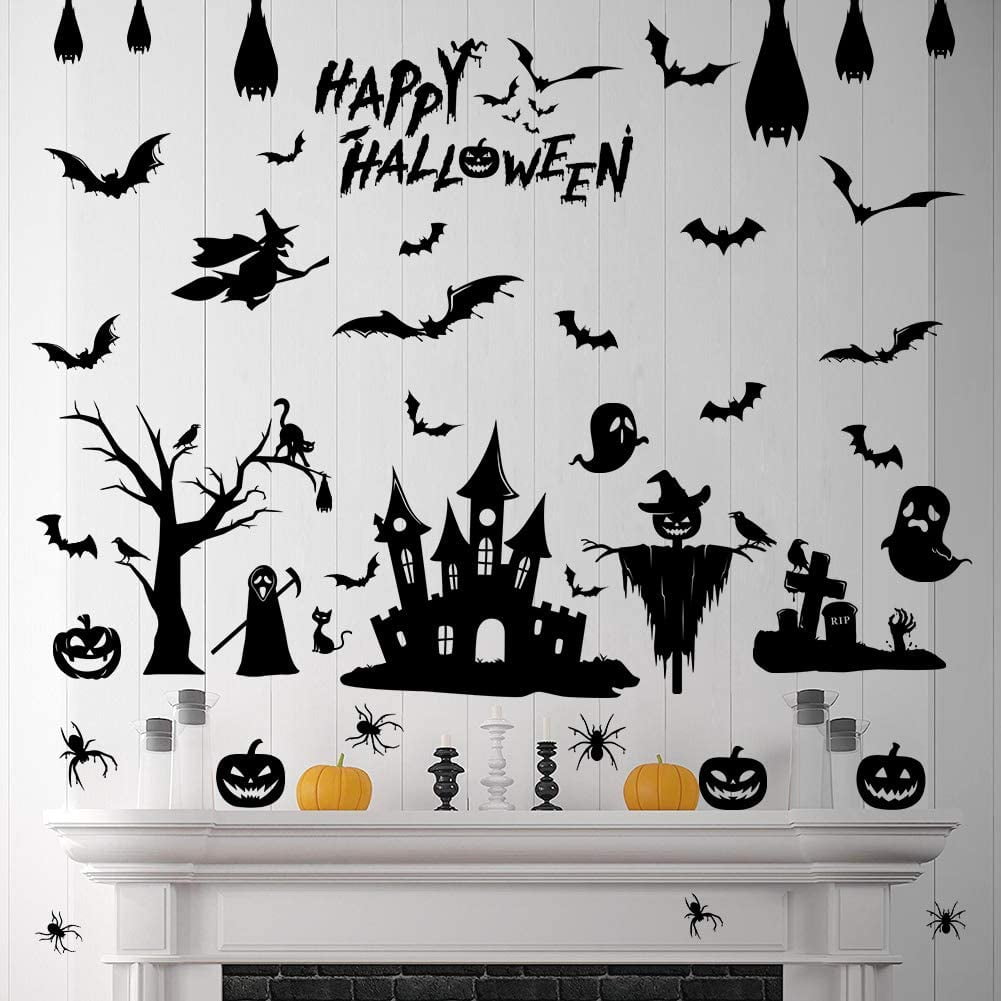 Halloween Decoration Large Window Gel Stickers Witch Pumpkin Skeleton Figures
